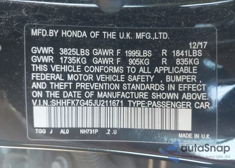 2018 Honda Civic Sport из США, поврежденный, VIN SHHFK7G45JU211671